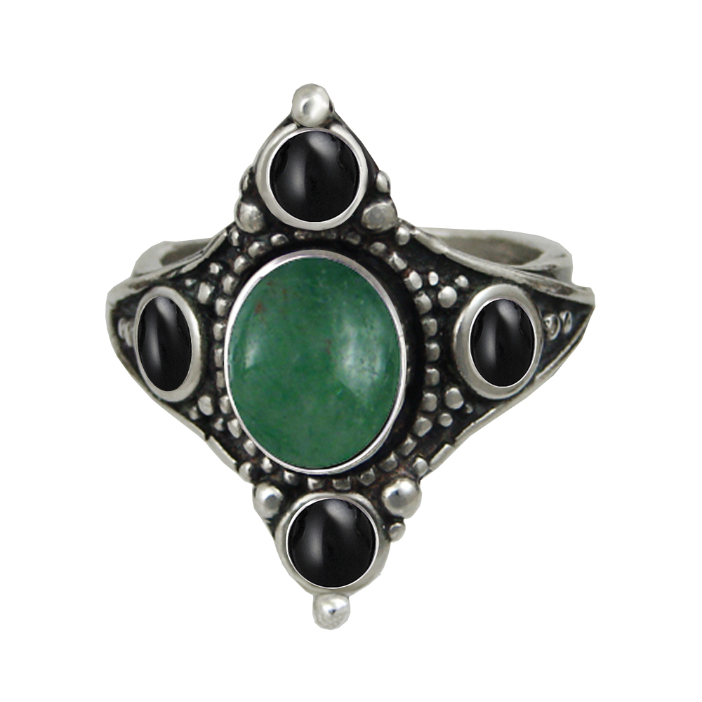 Sterling Silver Renaissance Queen's Ring With Jade And Black Onyx Size 10